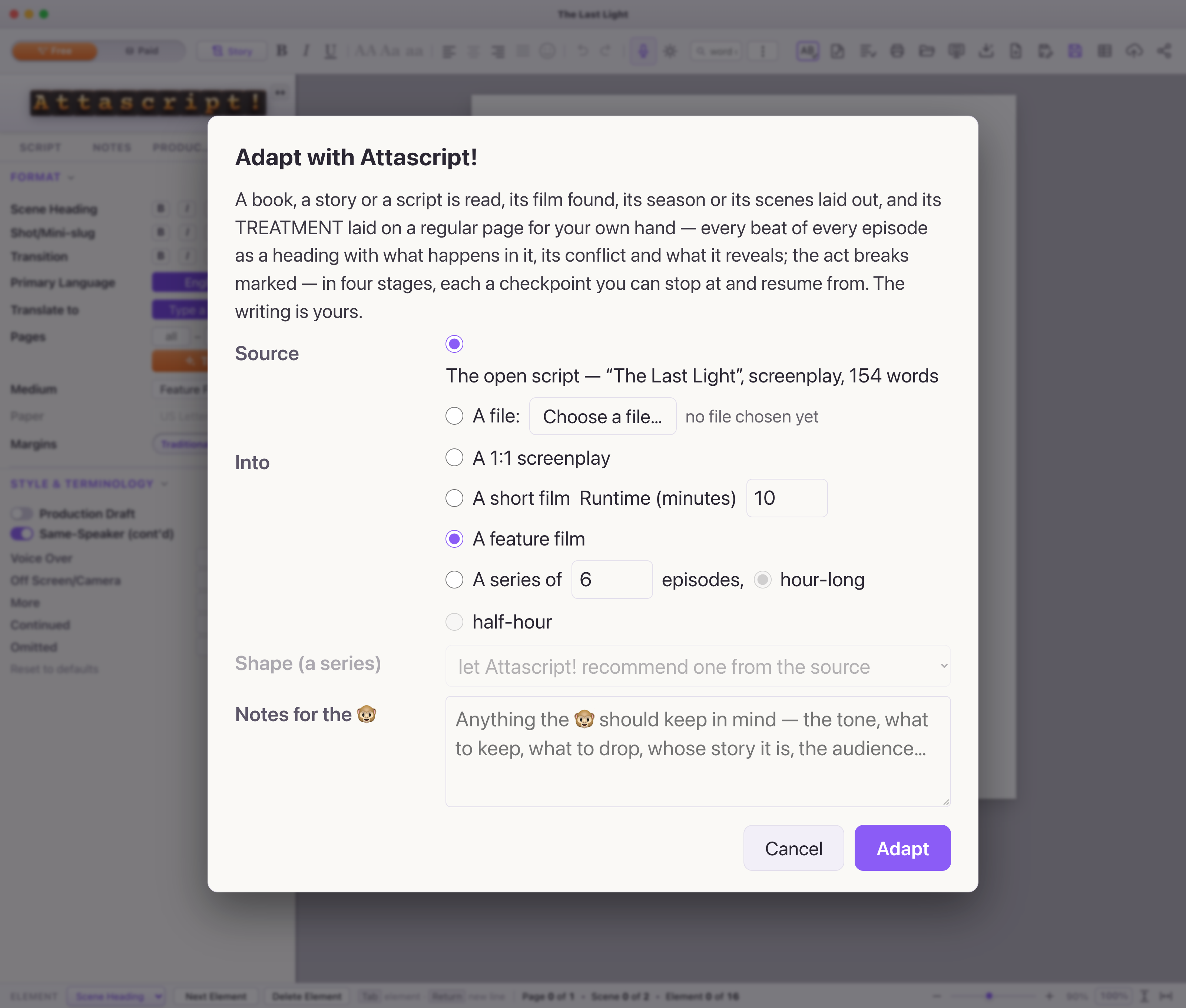 The Adapt dialog, with Feature Film selected. The lower buttons and notes area are included in the full-size image.