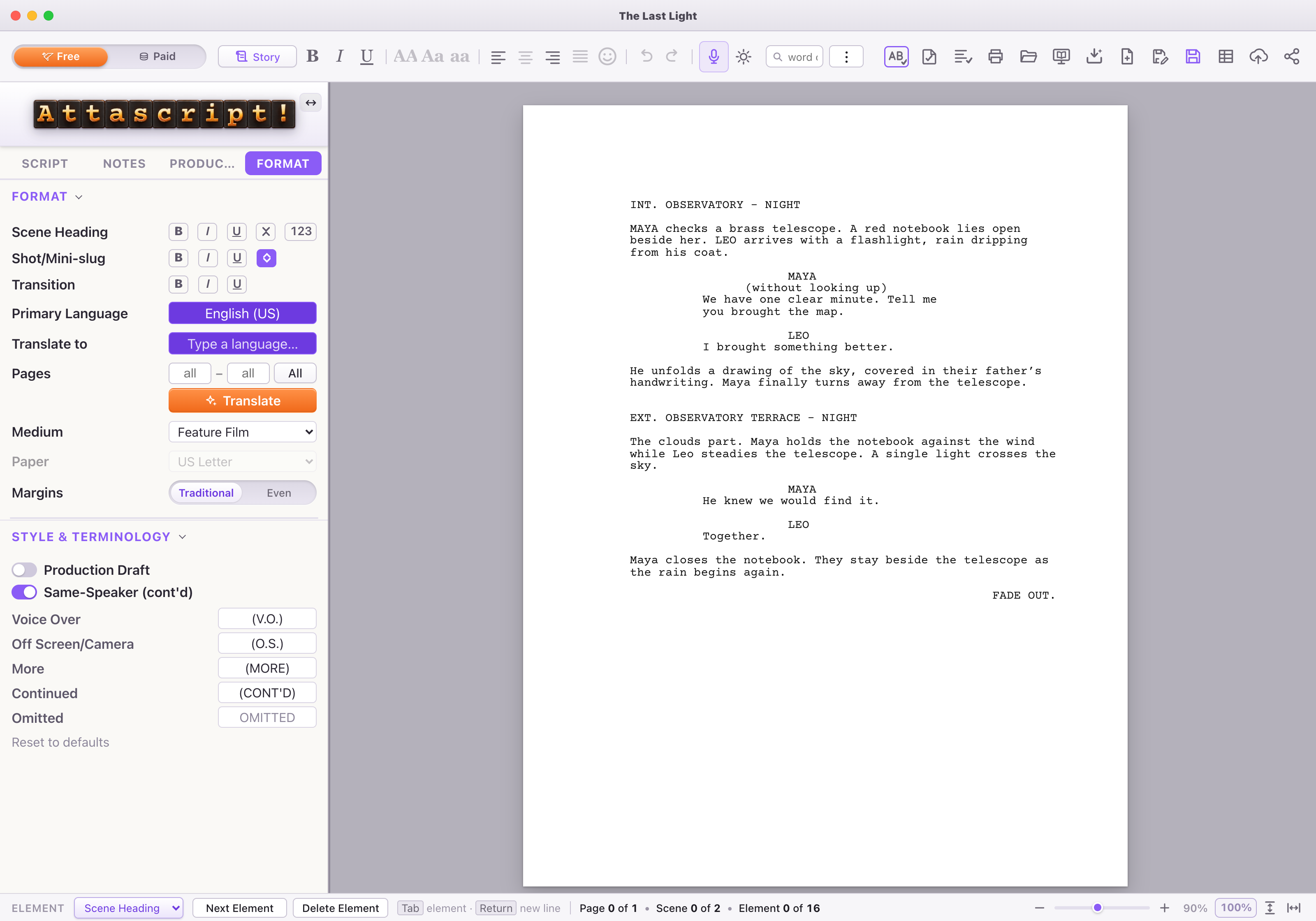 The sample screenplay opened in the editor. The Format tab shows its language and writing settings.