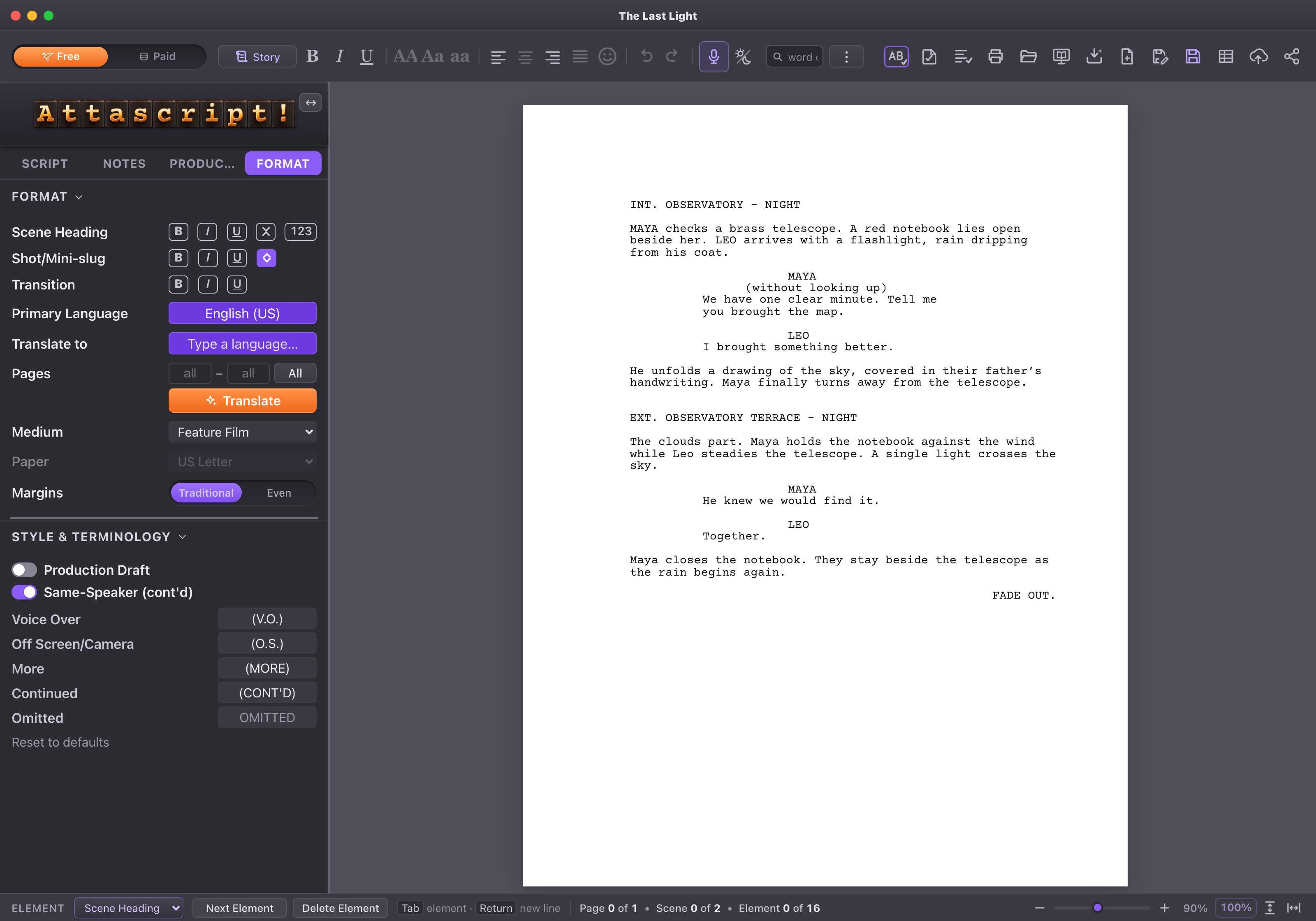 Attascript! screenplay editor in Mixed Mode
