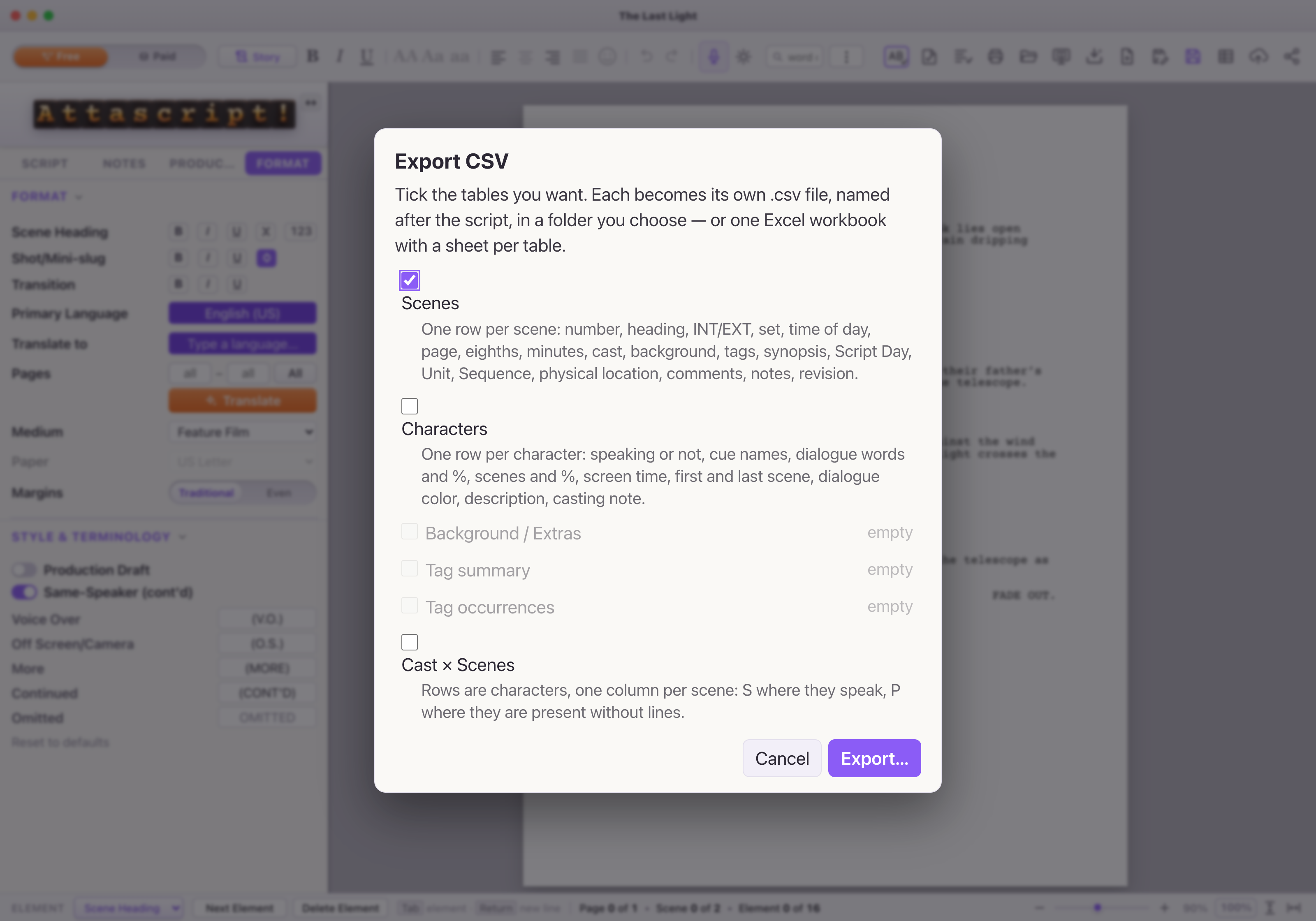 The table export chooser shows available reports, column selection and the one-workbook option.