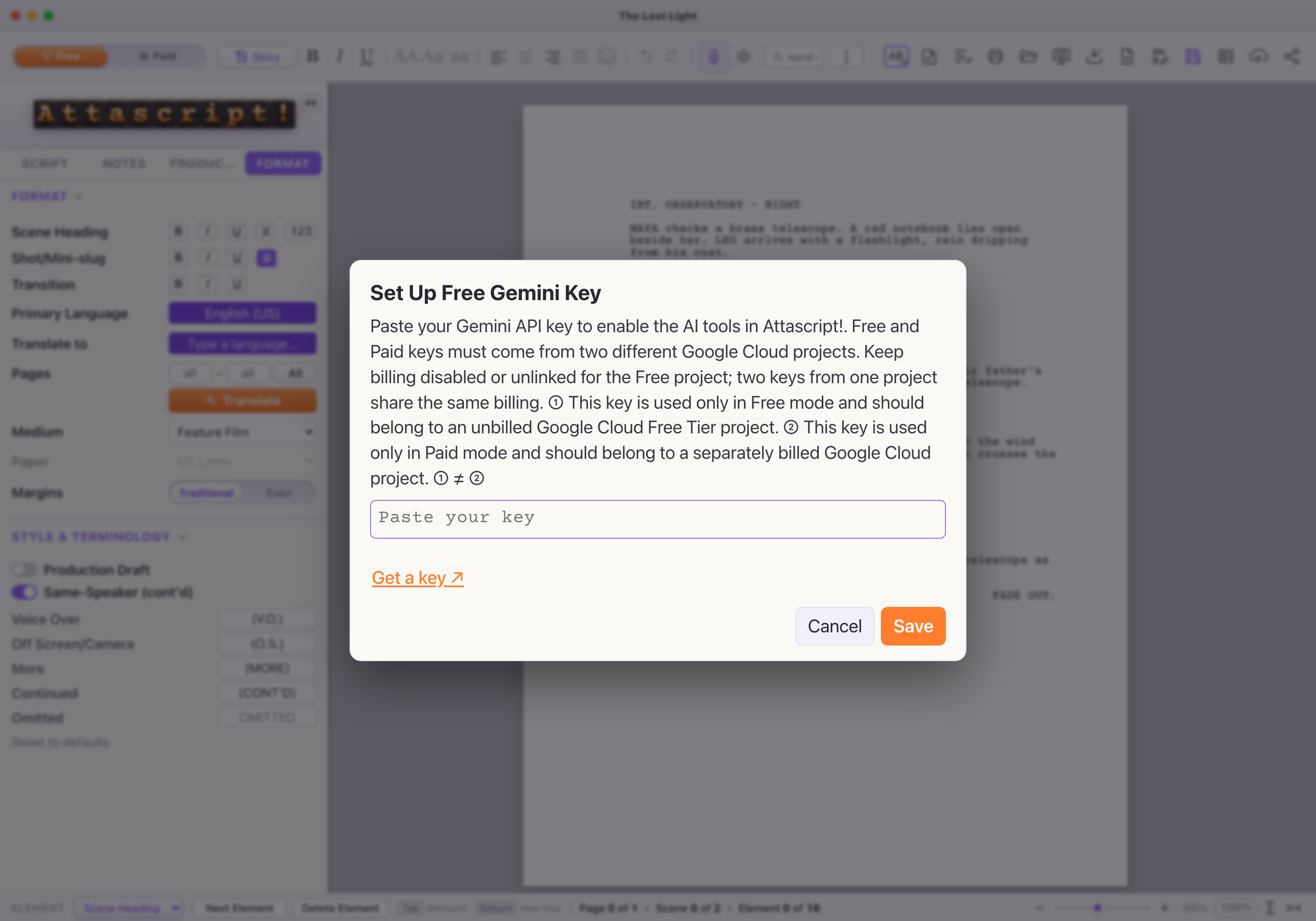 Start here: the Free-key dialog. “Get a key ↗” opens Google AI Studio; paste the key above it and choose Save.