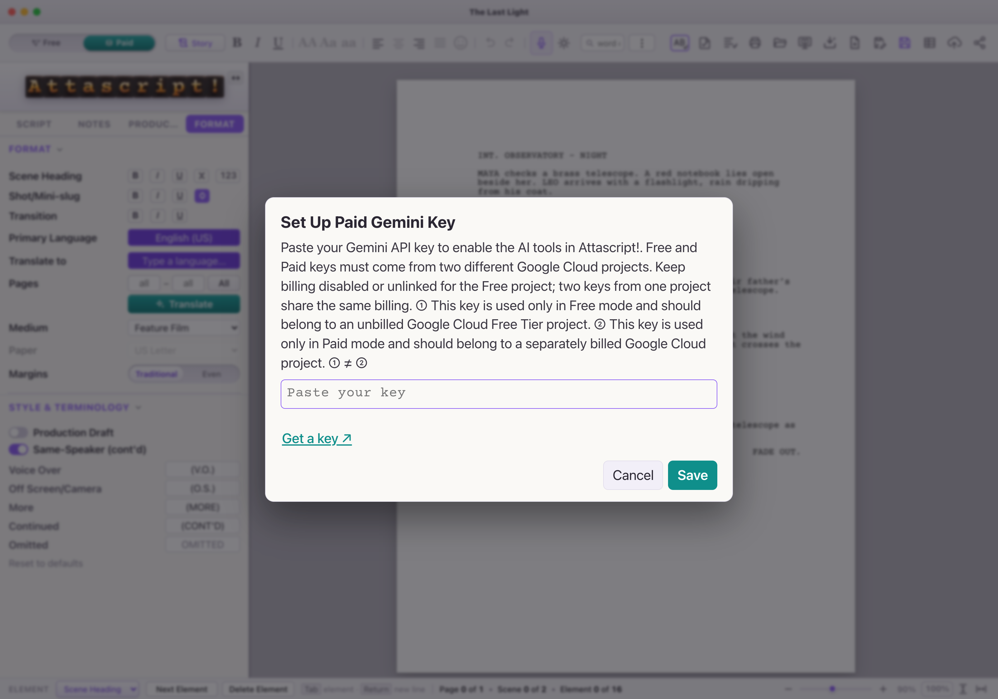 The Paid-key dialog and teal controls. Save the key from your new billed project here; keep your original key in the Free slot.