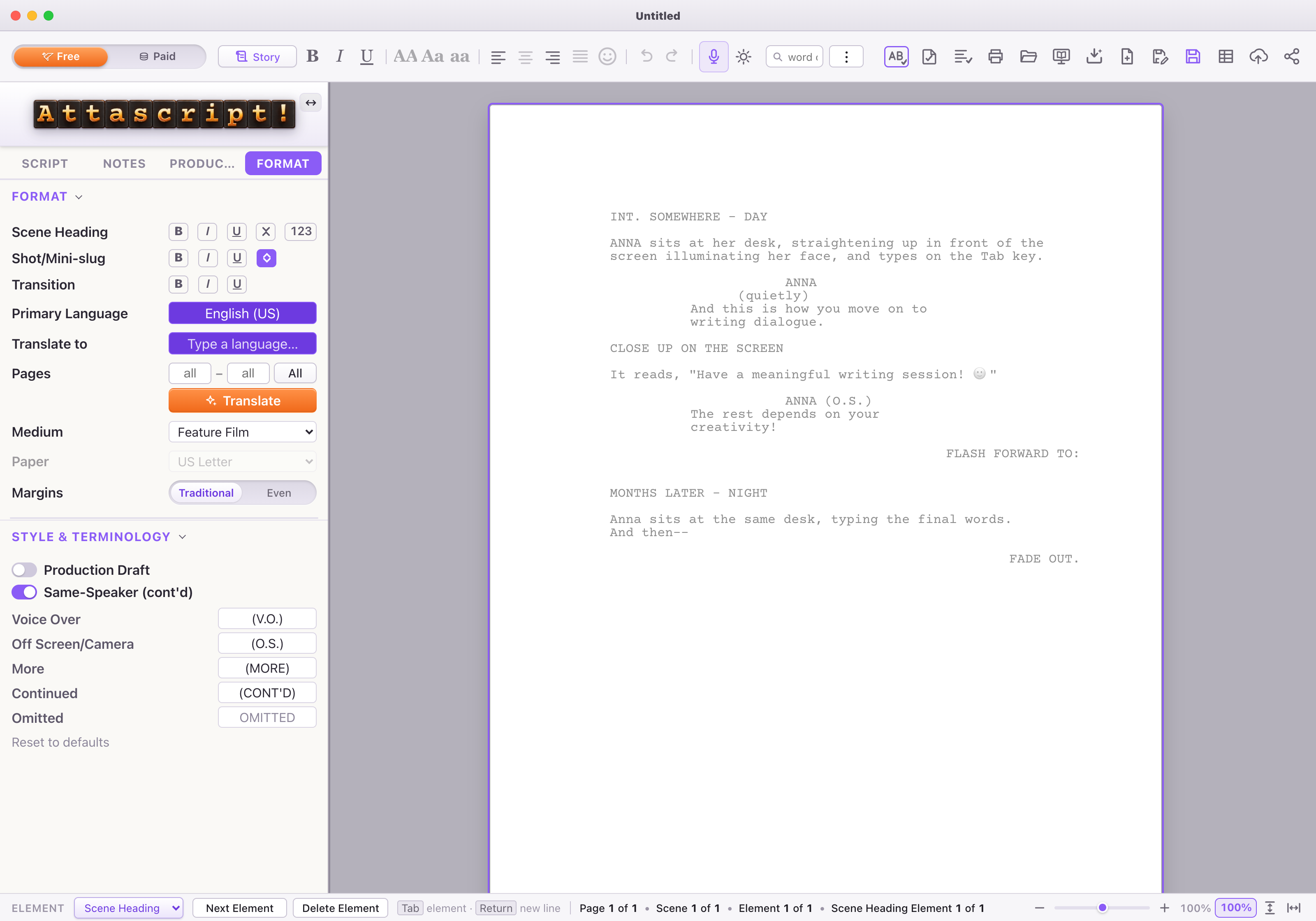 A new script shows a pale writing example over an empty document. Start typing; you do not need to select and delete the example.