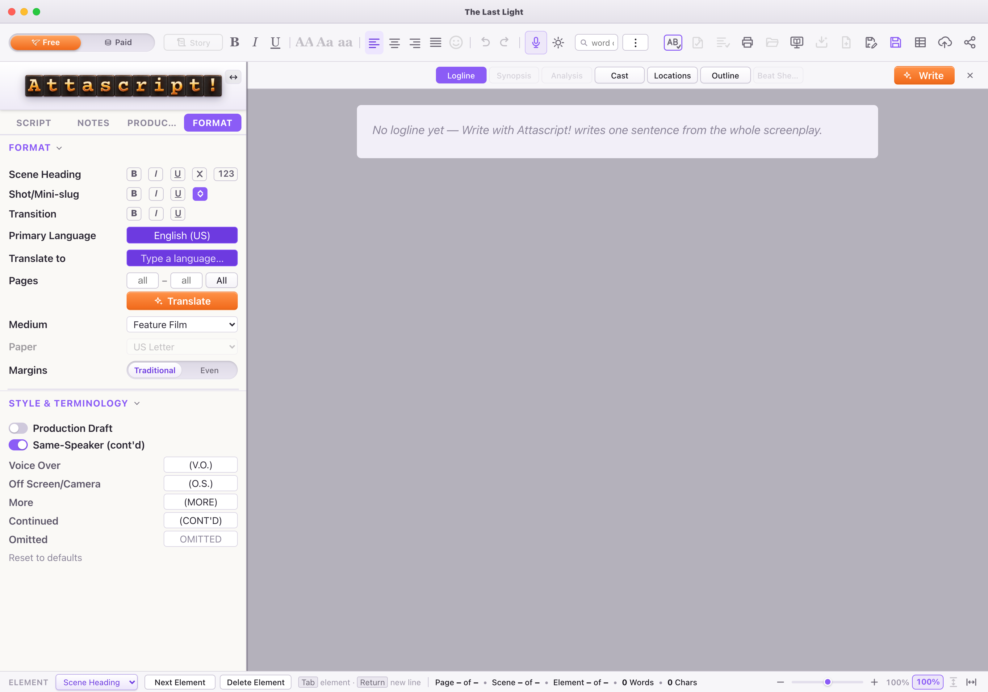 Start with the empty Logline page and its Write action. The following completed pages use authored example results.